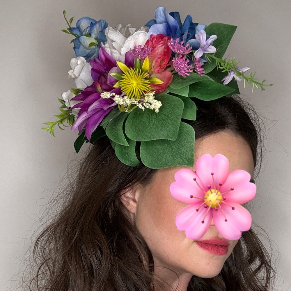 Handmade Large Floral Headpiece Clip Style Green, Purple, White Showgirl Costume